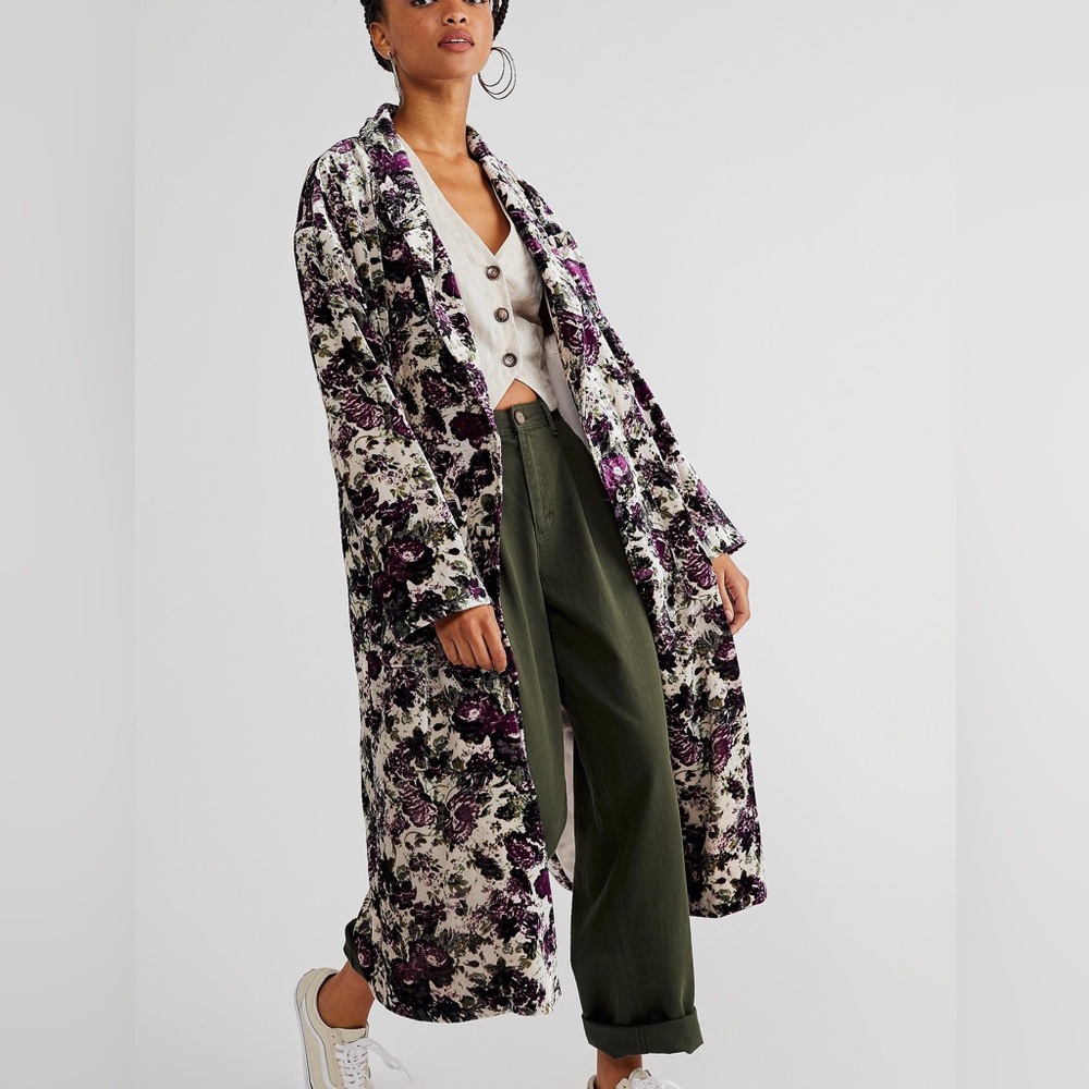 Free People Floral Velvet Long Coat in Ivory and Purple